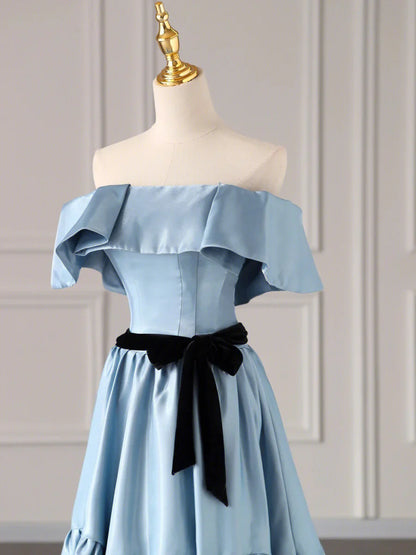 Blue Satin Long Formal Dress, Blue Strapless A-Line Prom Dress TP423