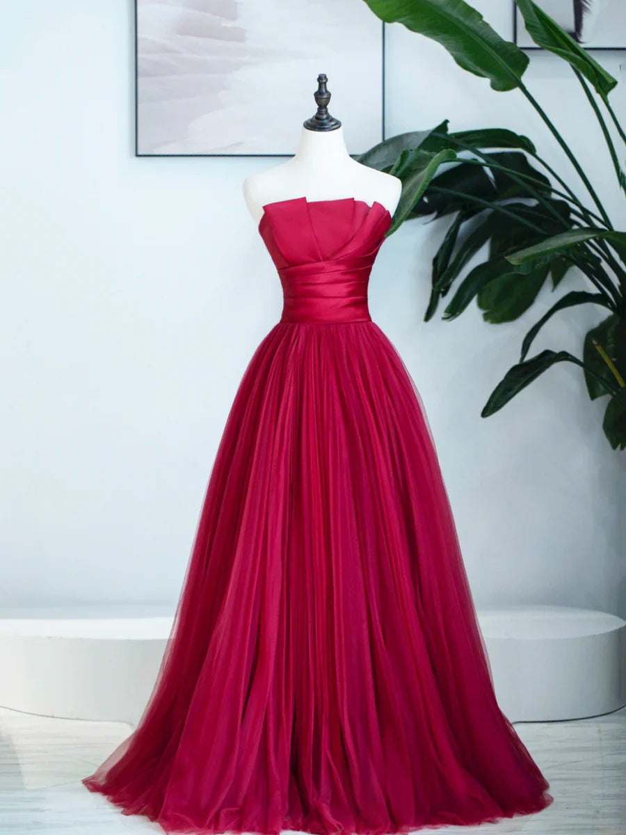 Burgundy Strapless Tulle Prom Dress, Burgundy Long Formal Dress TP424