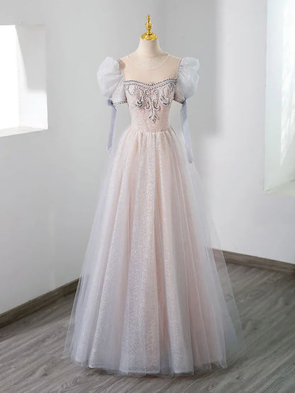 Cute Tulle Beaded Long Prom Dress, A-Line Short Sleeve Evening Dress TP429