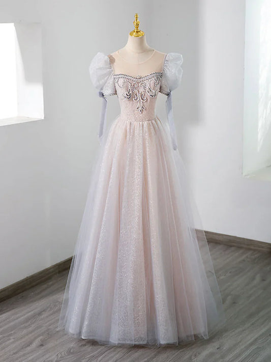 Cute Tulle Beaded Long Prom Dress, A-Line Short Sleeve Evening Dress TP429