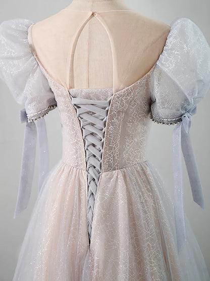 Cute Tulle Beaded Long Prom Dress, A-Line Short Sleeve Evening Dress TP429
