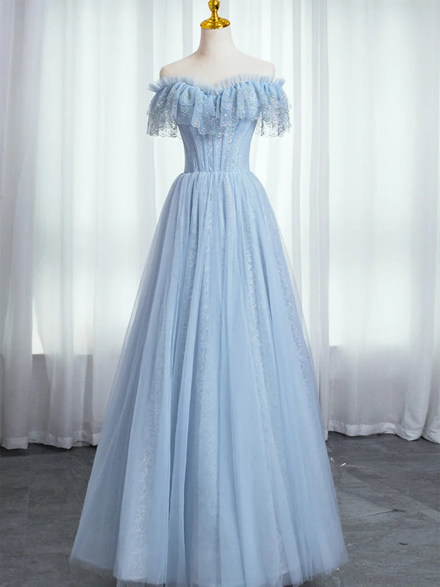 Blue Sweetheart Beaded Off the Shoulder Prom Dress, A-Line Blue Evening Dress TP437