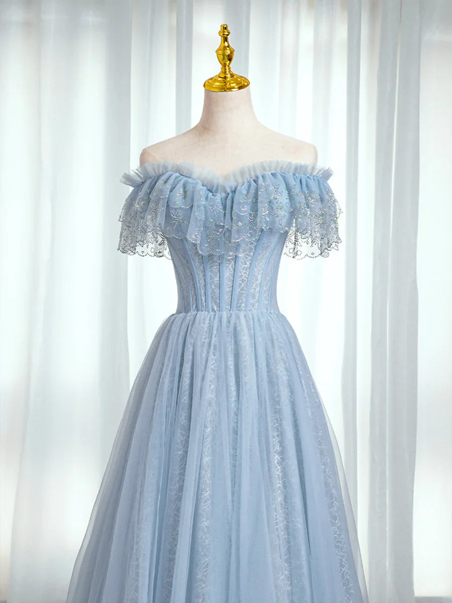 Blue Sweetheart Beaded Off the Shoulder Prom Dress, A-Line Blue Evening Dress TP437
