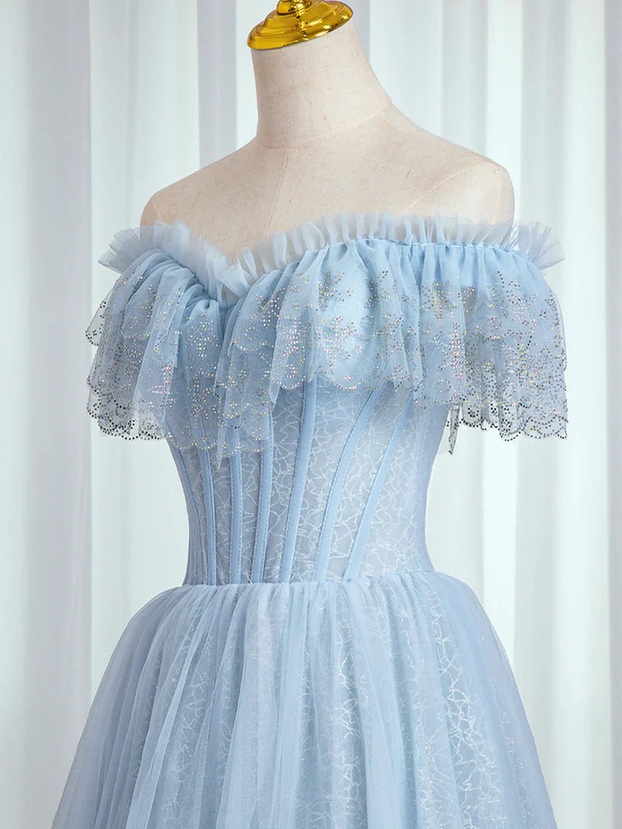 Blue Sweetheart Beaded Off the Shoulder Prom Dress, A-Line Blue Evening Dress TP437