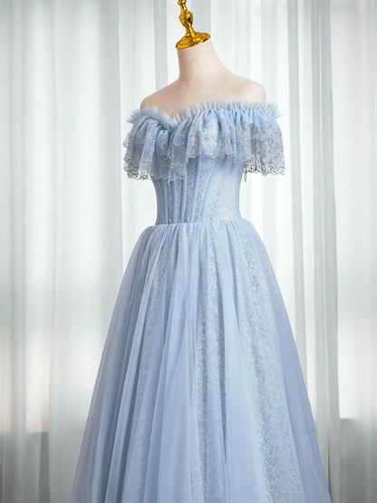 Blue Sweetheart Beaded Off the Shoulder Prom Dress, A-Line Blue Evening Dress TP437