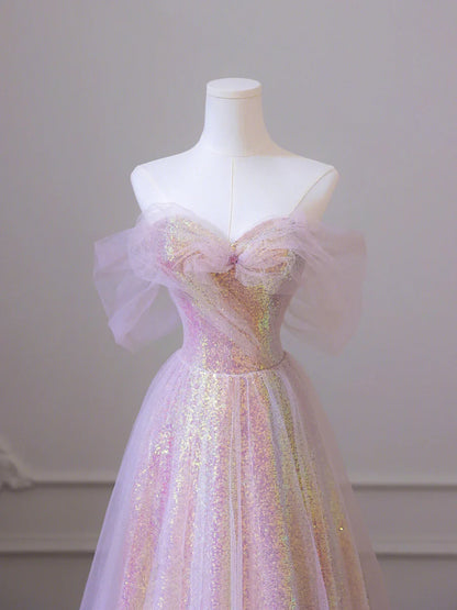 Shiny Tulle Sequins Long Prom Dress, A-Line Off the Shoulder Evening Dress TP438