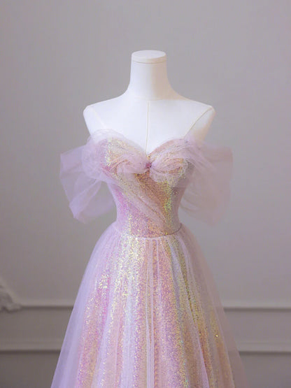 Shiny Tulle Sequins Long Prom Dress, A-Line Off the Shoulder Evening Dress TP438