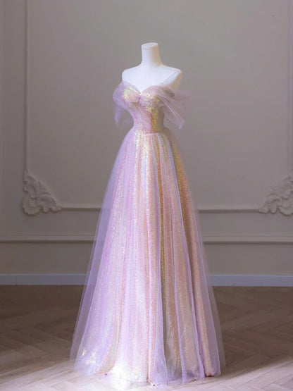 Shiny Tulle Sequins Long Prom Dress, A-Line Off the Shoulder Evening Dress TP438