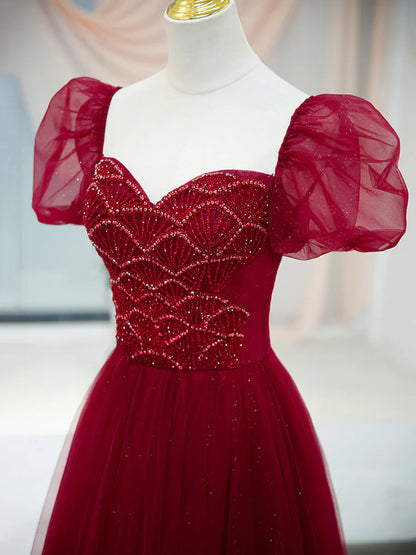 Burgundy Tulle Beaded Long Prom Dress, A-Line Short Sleeve Evening Dress TP440