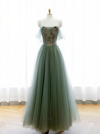 A-Line Green Tulle Long Prom Dress, Off the Shoulder Evening Party Dress TP443