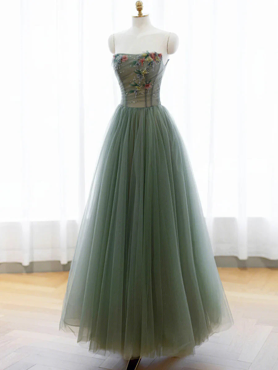 A-Line Green Tulle Long Prom Dress, Off the Shoulder Evening Party Dress TP443