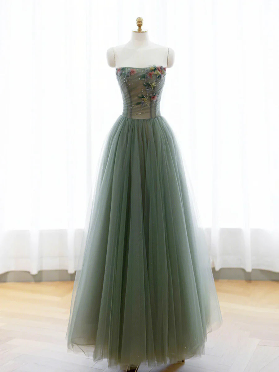 A-Line Green Tulle Long Prom Dress, Off the Shoulder Evening Party Dress TP443