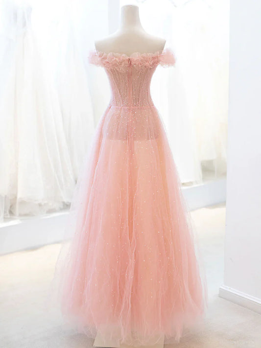 Pink Tulle Sequins Long Prom Dress, A-Line Lovely Evening Party Dress TP447