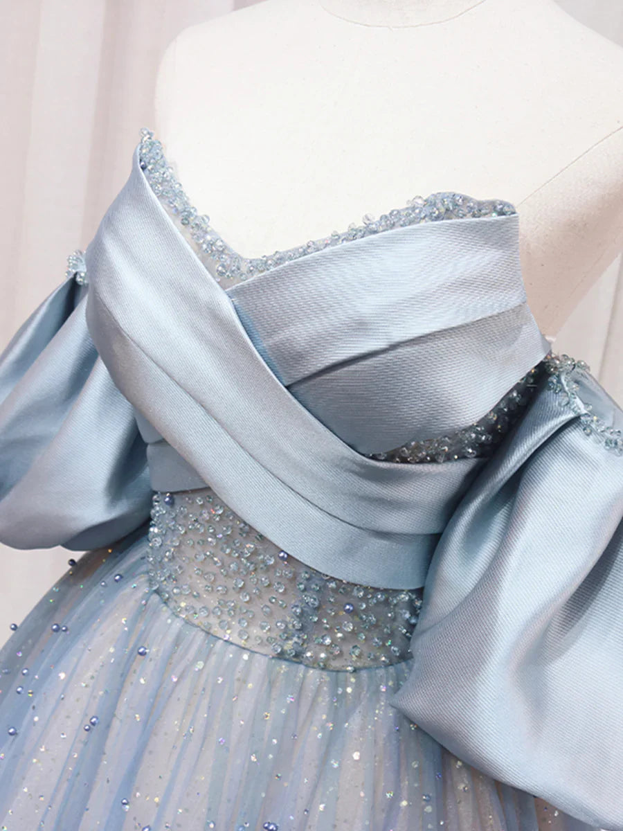 Blue Puff Sleeve Long A-Line Prom Dress, Off the Shoulder Formal Evening Dress TP449