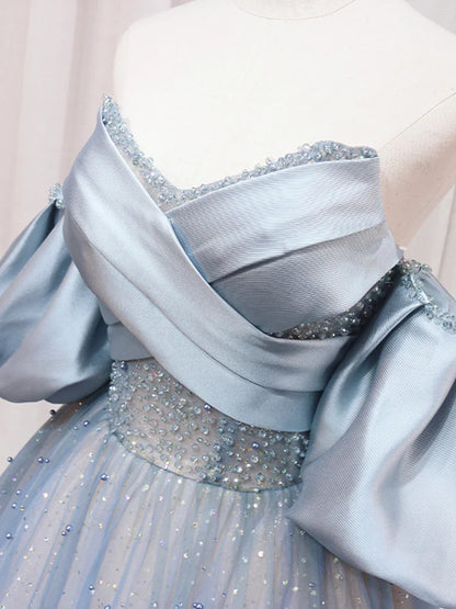 Blue Puff Sleeve Long A-Line Prom Dress, Off the Shoulder Formal Evening Dress TP449