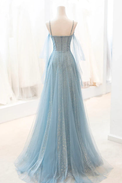 Blue Spaghetti Strap Tulle Long Prom Dress, V-Neck Evening Party Dress TP453