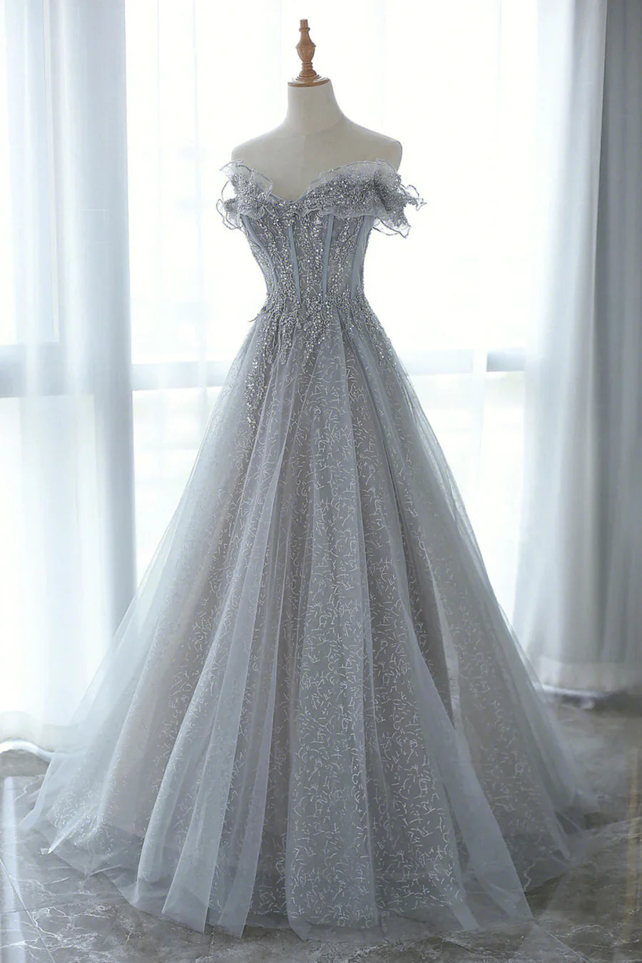 Gray Tulle Sequins Long Prom Dress, Off the Shoulder Evening Dress TP455