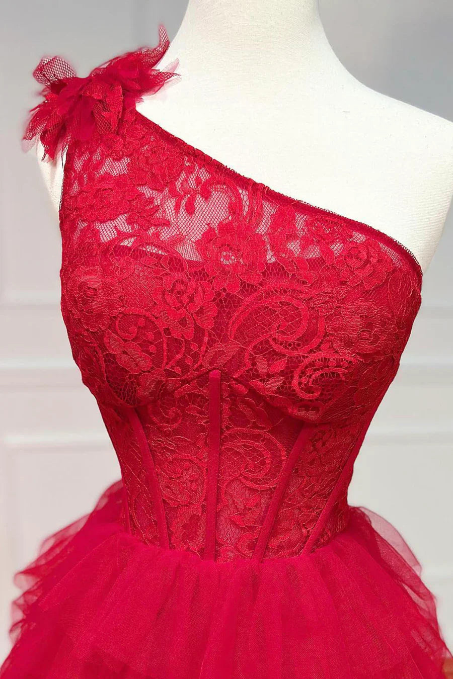 Red Tulle Lace Long Prom Dresses, One Shoulder Evening Dresses TP457