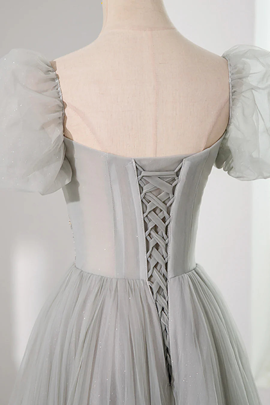 Gray Tulle Beading Long Prom Dress, A-Line Short Sleeve Evening Dress TP459