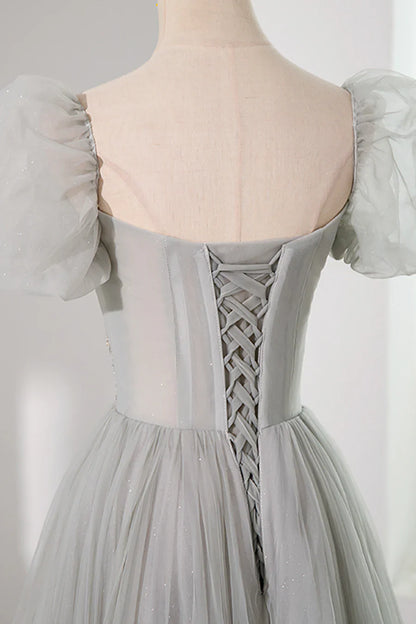 Gray Tulle Beading Long Prom Dress, A-Line Short Sleeve Evening Dress TP459