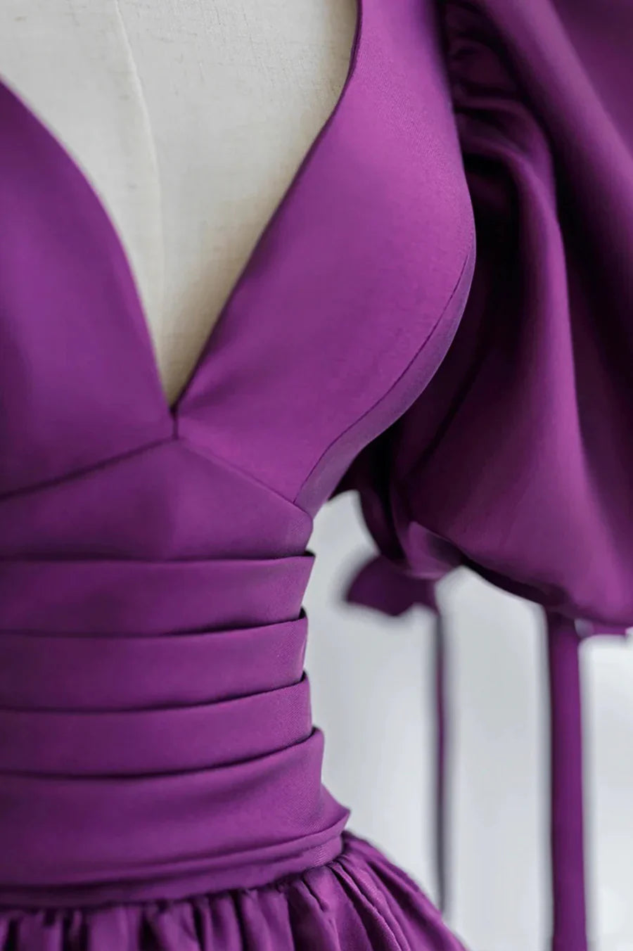 Purple Puff Sleeves Satin Long Prom Dress, V-Neck Evening Dress TP461