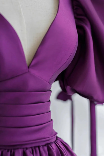 Purple Puff Sleeves Satin Long Prom Dress, V-Neck Evening Dress TP461