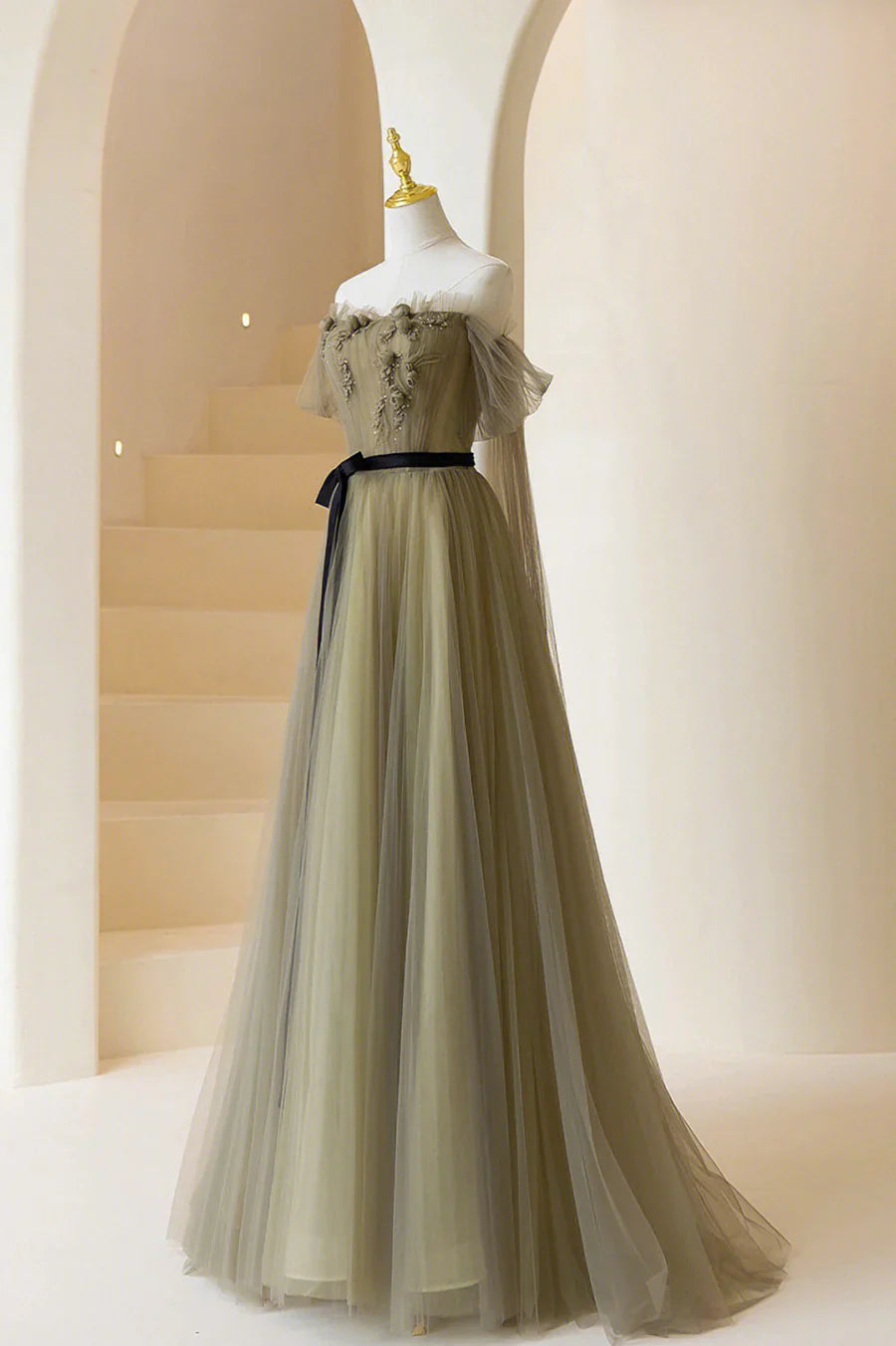 A-Line Tulle Long Prom Dress, Off the Shoulder Formal Evening Dress TP464