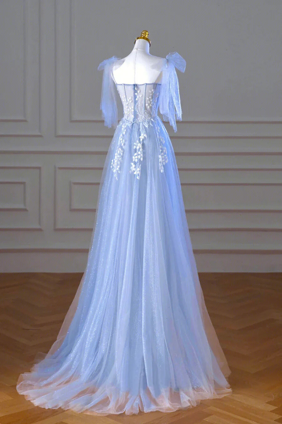 Blue Spaghetti Strap Tulle Lace Long Prom Dress, A-Line Evening Party Dress TP467