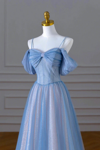 Blue Spaghetti Strap Tulle Floor Length Prom Dress, A-Line Evening Dress TP468