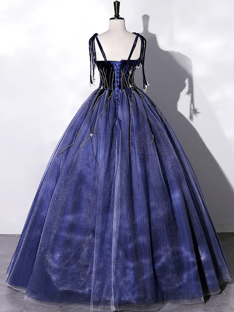 Blue Velvet Tulle Long Prom Dress, A-Line Evening Party Dress TP469