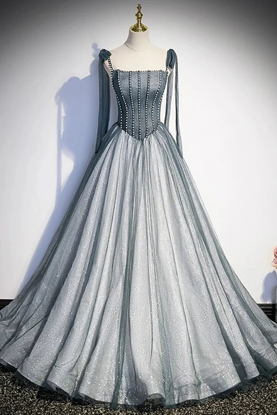Gray Spaghetti Straps Long A-Line Prom Dress, Gray Evening Dress with Beaded TP471