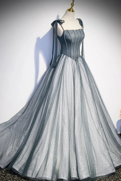 Gray Spaghetti Straps Long A-Line Prom Dress, Gray Evening Dress with Beaded TP471