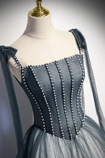 Gray Spaghetti Straps Long A-Line Prom Dress, Gray Evening Dress with Beaded TP471