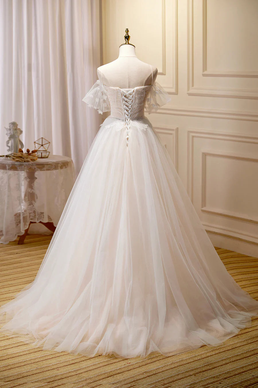 Champagne Lace Long A-line Prom Dress, Off the Shoulder Evening Dress TP479
