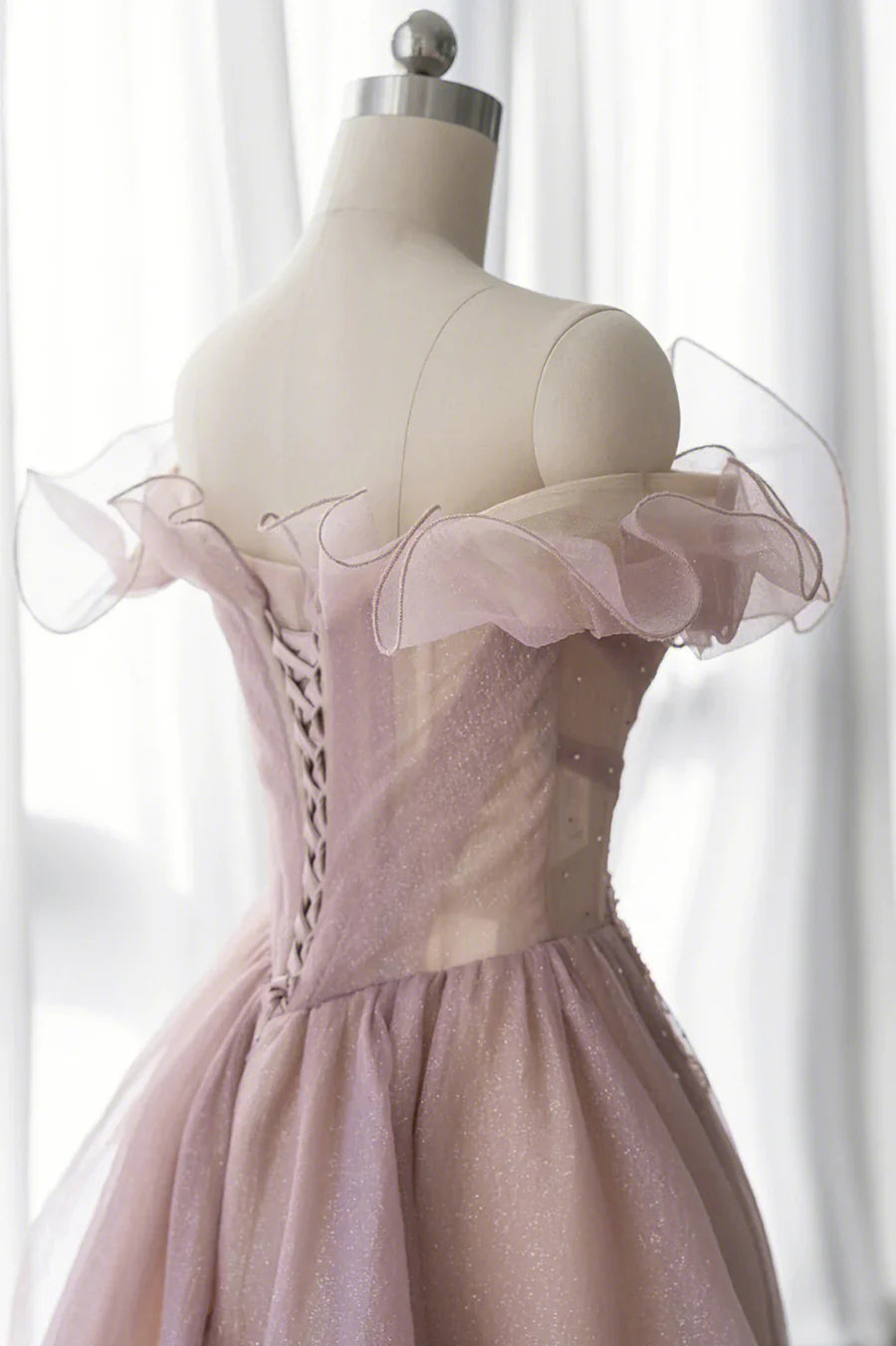 Pink Tulle Long A-line Prom Dress, Lovely Off the Shoulder Evening Dress TP481