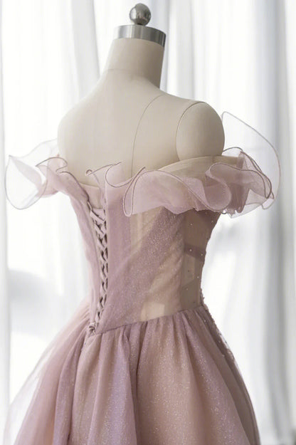 Pink Tulle Long A-line Prom Dress, Lovely Off the Shoulder Evening Dress TP481