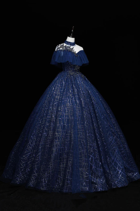 Blue Tulle Sequins Long Ball Gown, Elegant A-Line Formal Gown TP488