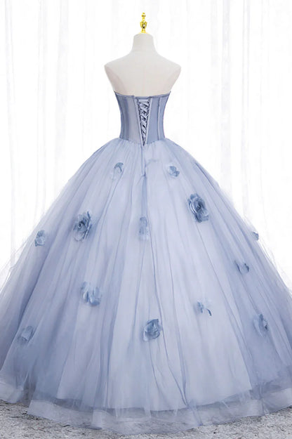 Blue Tulle Long Sleeve Prom Dress, A-Line Off the Shoulder Evening Gown TP495
