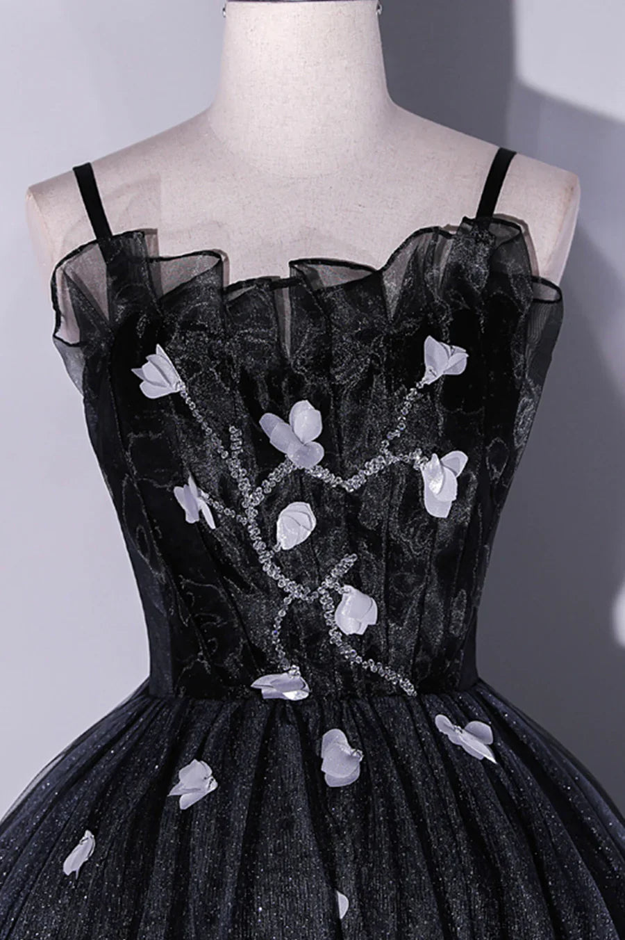 Black Tulle Long A-Line Evening Gown, Black Spaghetti Strap Evening Gown TP497