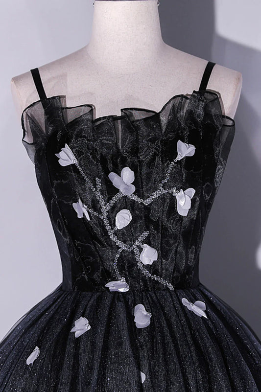 Black Tulle Long A-Line Evening Gown, Black Spaghetti Strap Evening Gown TP497