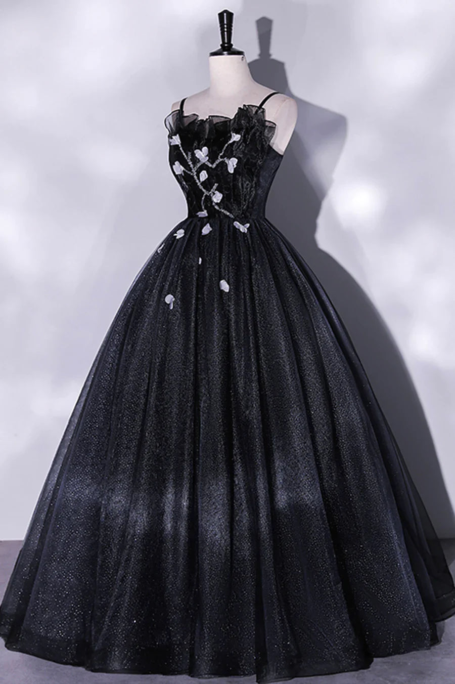 Black Tulle Long A-Line Evening Gown, Black Spaghetti Strap Evening Gown TP497