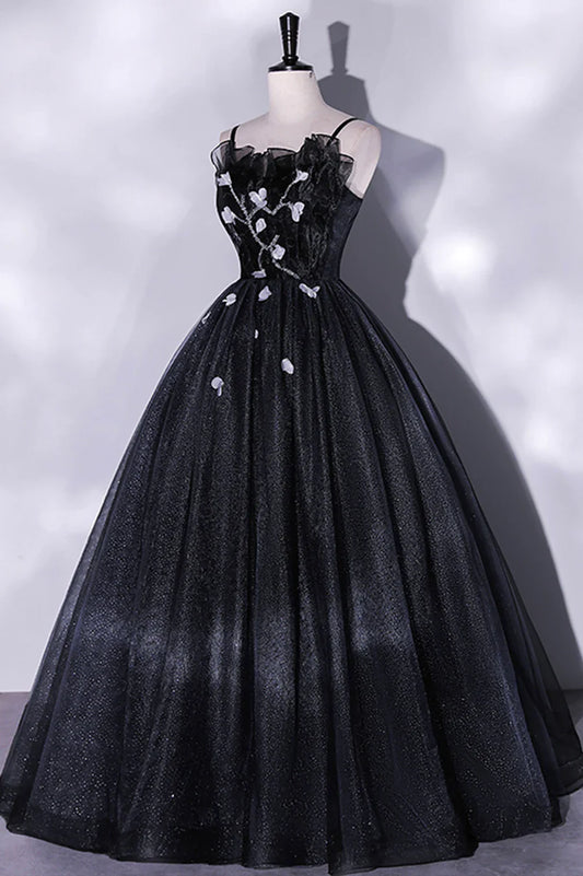 Black Tulle Long A-Line Evening Gown, Black Spaghetti Strap Evening Gown TP497