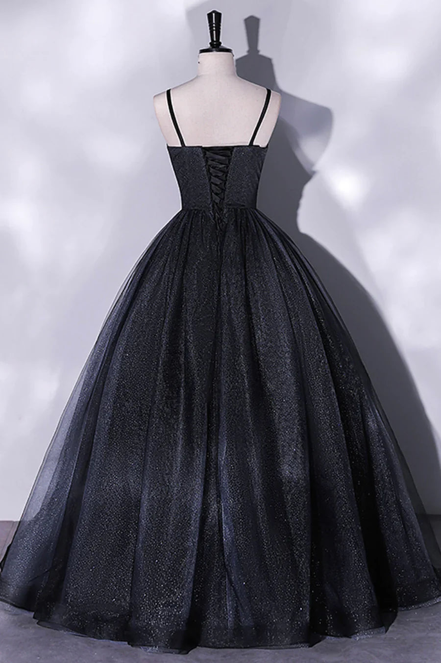 Black Tulle Long A-Line Evening Gown, Black Spaghetti Strap Evening Gown TP497