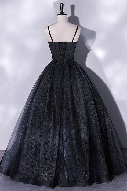 Black Tulle Long A-Line Evening Gown, Black Spaghetti Strap Evening Gown TP497