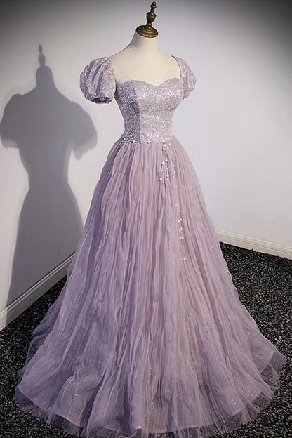 Purple Tulle Sequins Floor Length Prom Dress, A-Line Evening Party Dress TP499