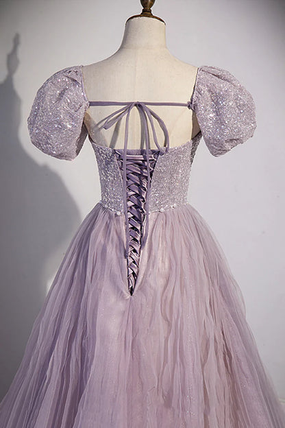 Purple Tulle Sequins Floor Length Prom Dress, A-Line Evening Party Dress TP499