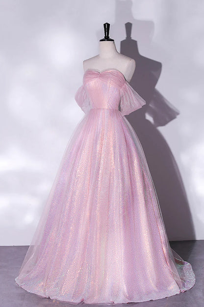 Pink Tulle Sequins Long Prom Dress, A-Line Formal Graduation Dress TP500