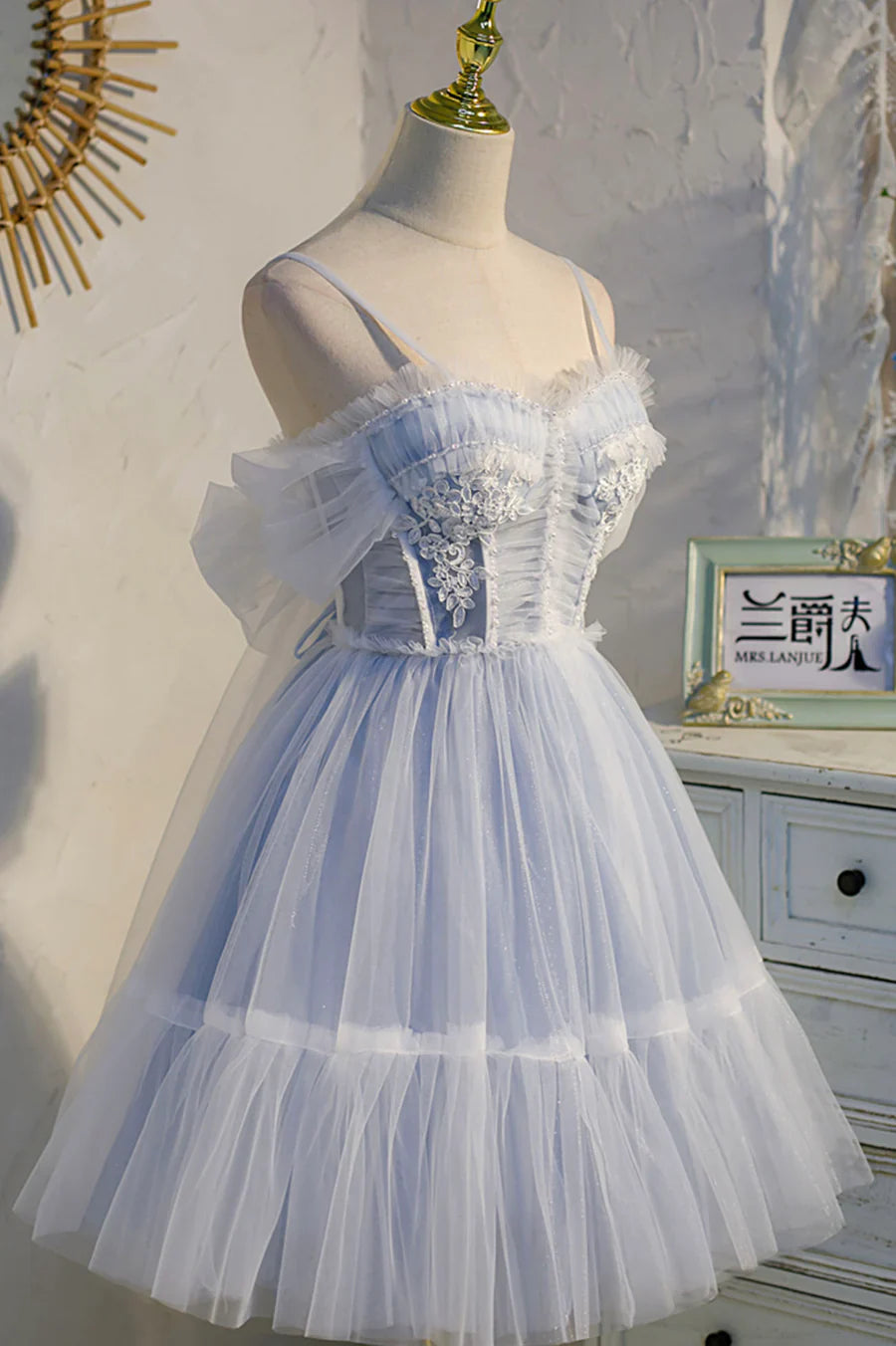 Cute Spaghetti Strap Lace Short Party Dresses, A-Line Evening Dresses TP503