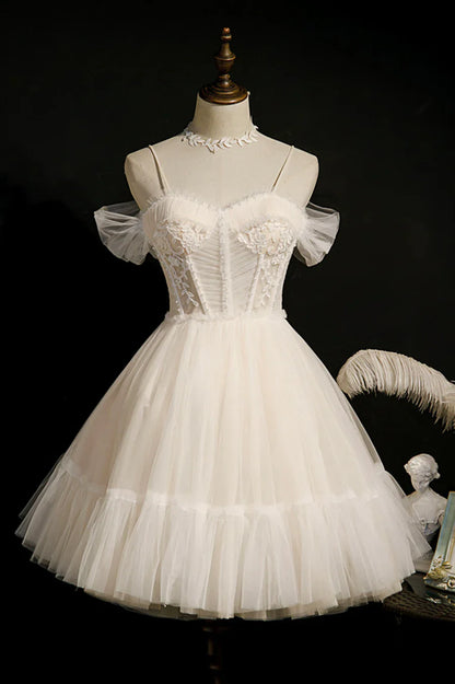 Cute Spaghetti Strap Lace Short Party Dresses, A-Line Evening Dresses TP503