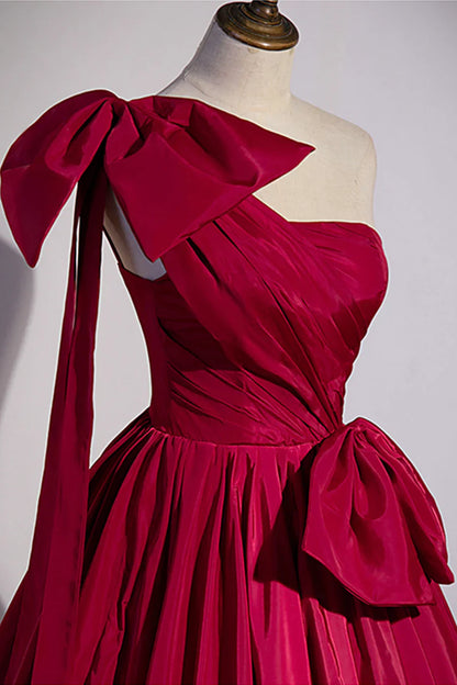 Burgundy Satin Long Prom Dress, One Shoulder Evening Dress with Bow TP509